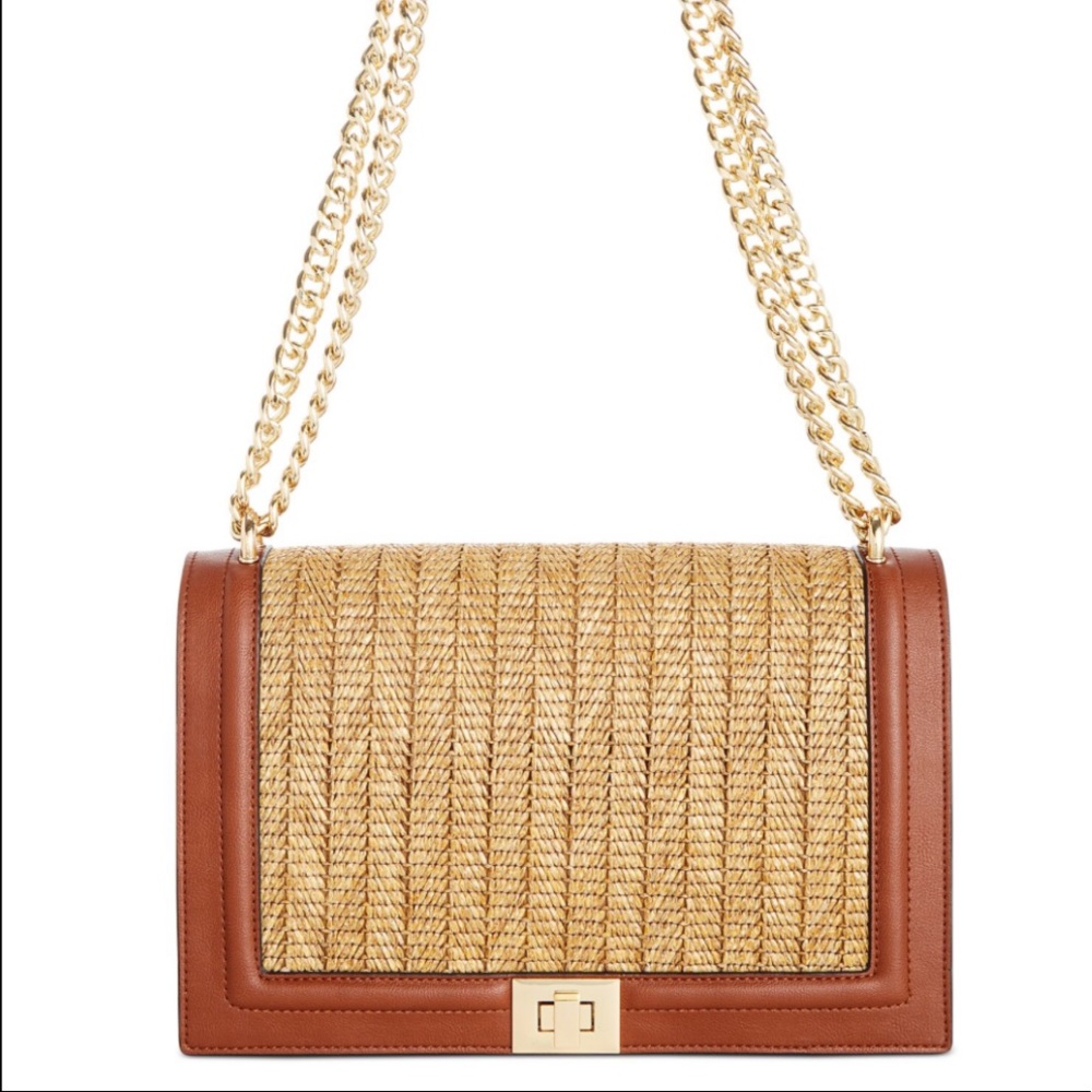 INC International Concepts Tan and Natural Straw Shoulder Bag with Gold Chain